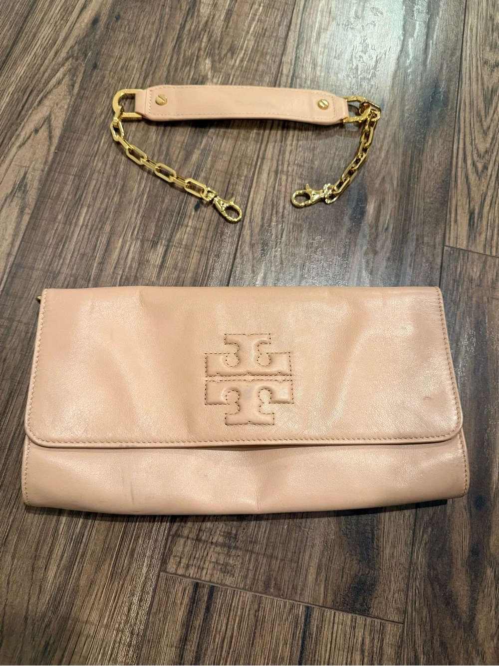 Tory Burch Blush Leather Fold-Over Wristlet with Gold Chain